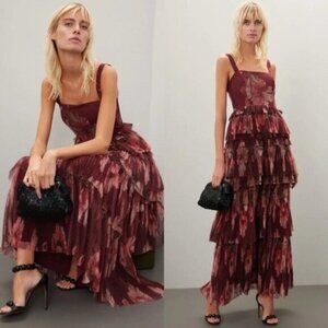 Anthropologie Hutch Nalina Tiered Tulle Floral Print Burgundy Maxi Dress Size 10